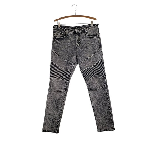 True Religion Geno Moto Empire Relaxed Slim Jeans Black Acid Wash Mens Size 32 - Picture 1 of 11